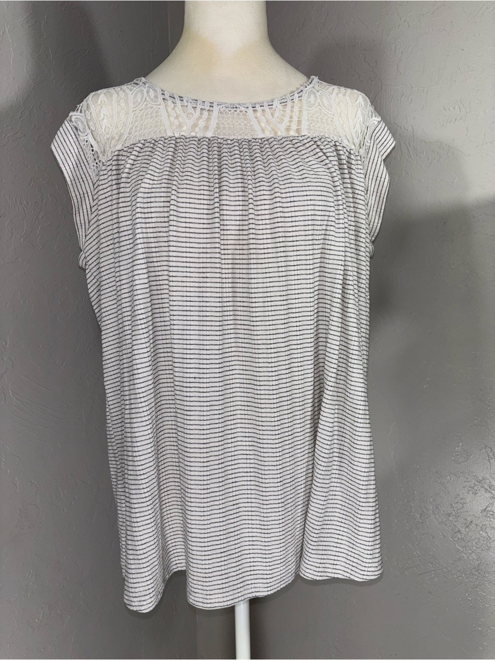 Maurices White Lace Yoke Striped Cap-Sleeve Top